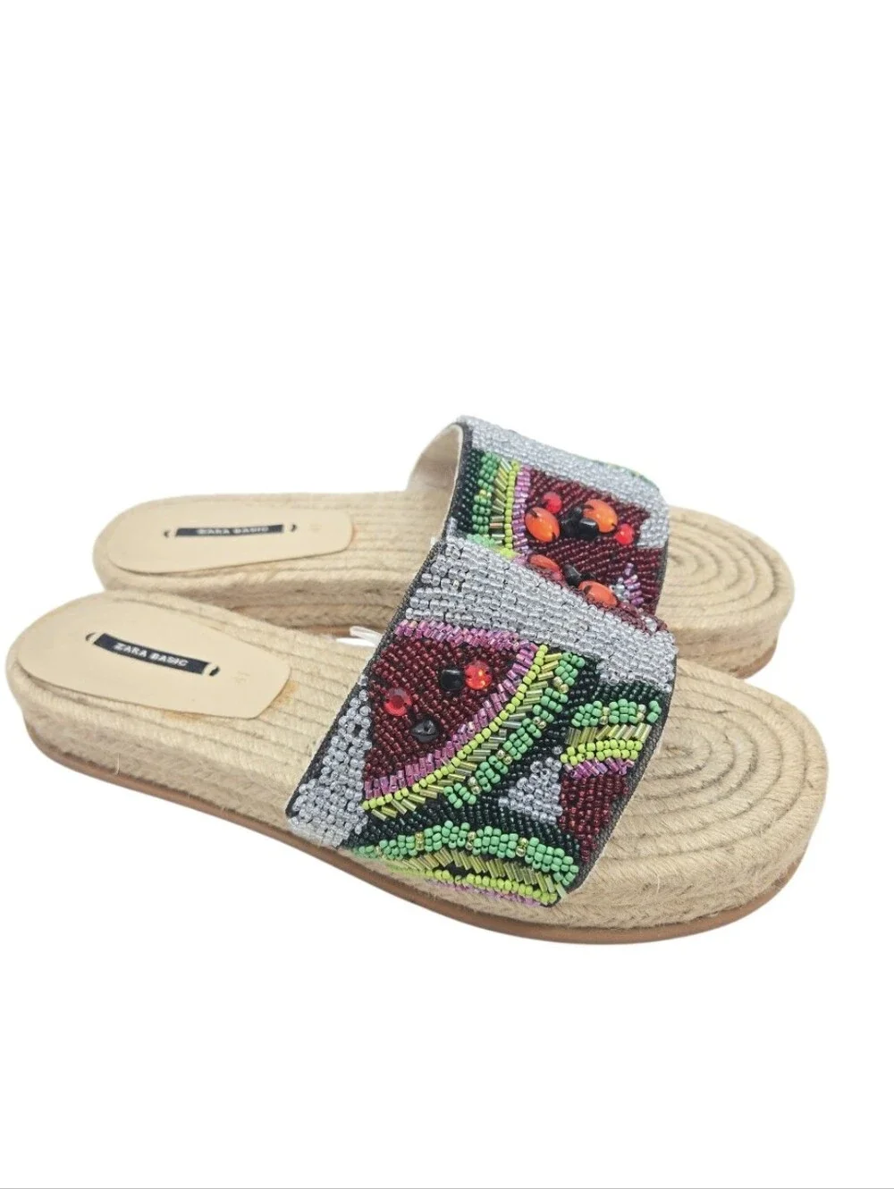 Zara Beaded Multicolor Slide Sandals Espadrille Woven Sole - Picture 2 of 14